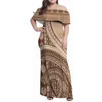 Bula Fiji Vintage Tapa Family Matching Off Shoulder Maxi Dress and Hawaiian Shirt Kaivity Masi Wave Motifs - Mocha LT7 Mom's Dress Beige - Polynesian Pride