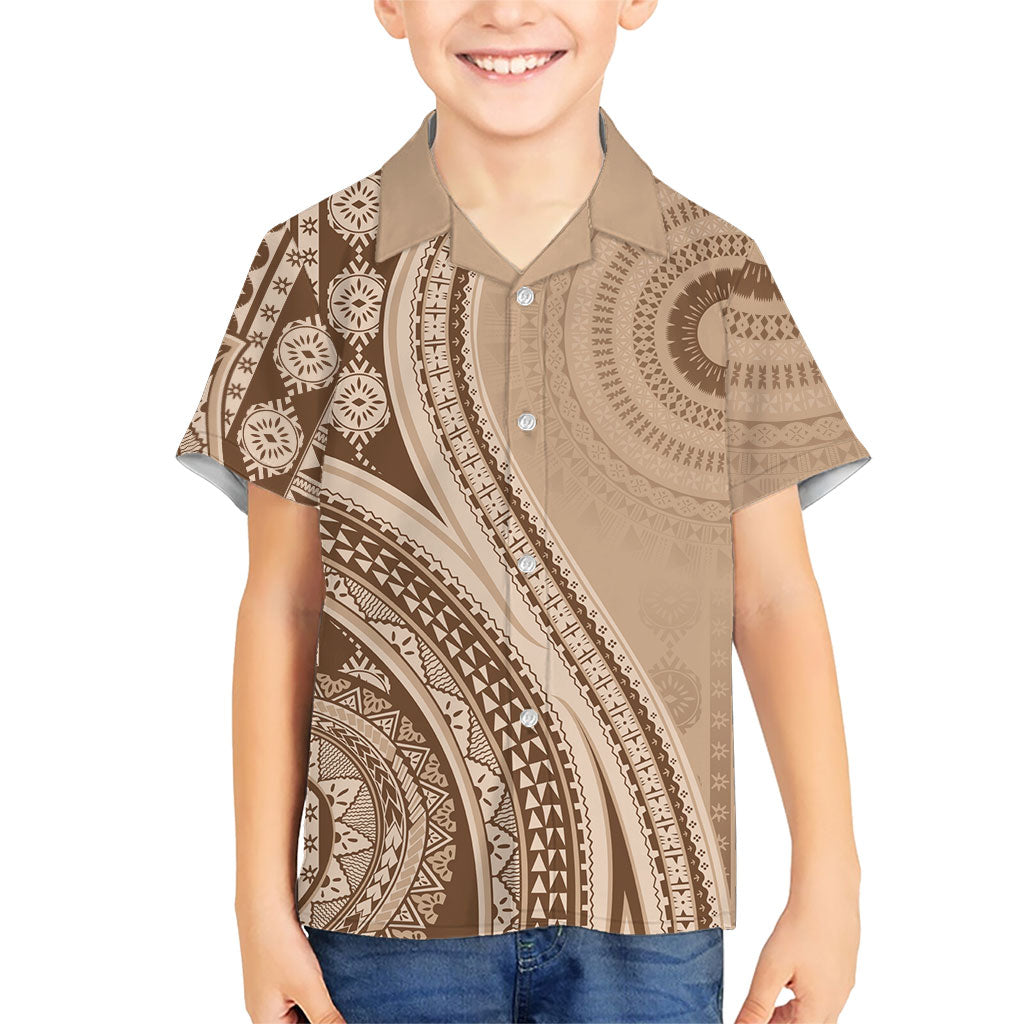 Bula Fiji Vintage Tapa Family Matching Off Shoulder Maxi Dress and Hawaiian Shirt Kaivity Masi Wave Motifs - Mocha LT7 Son's Shirt Beige - Polynesian Pride