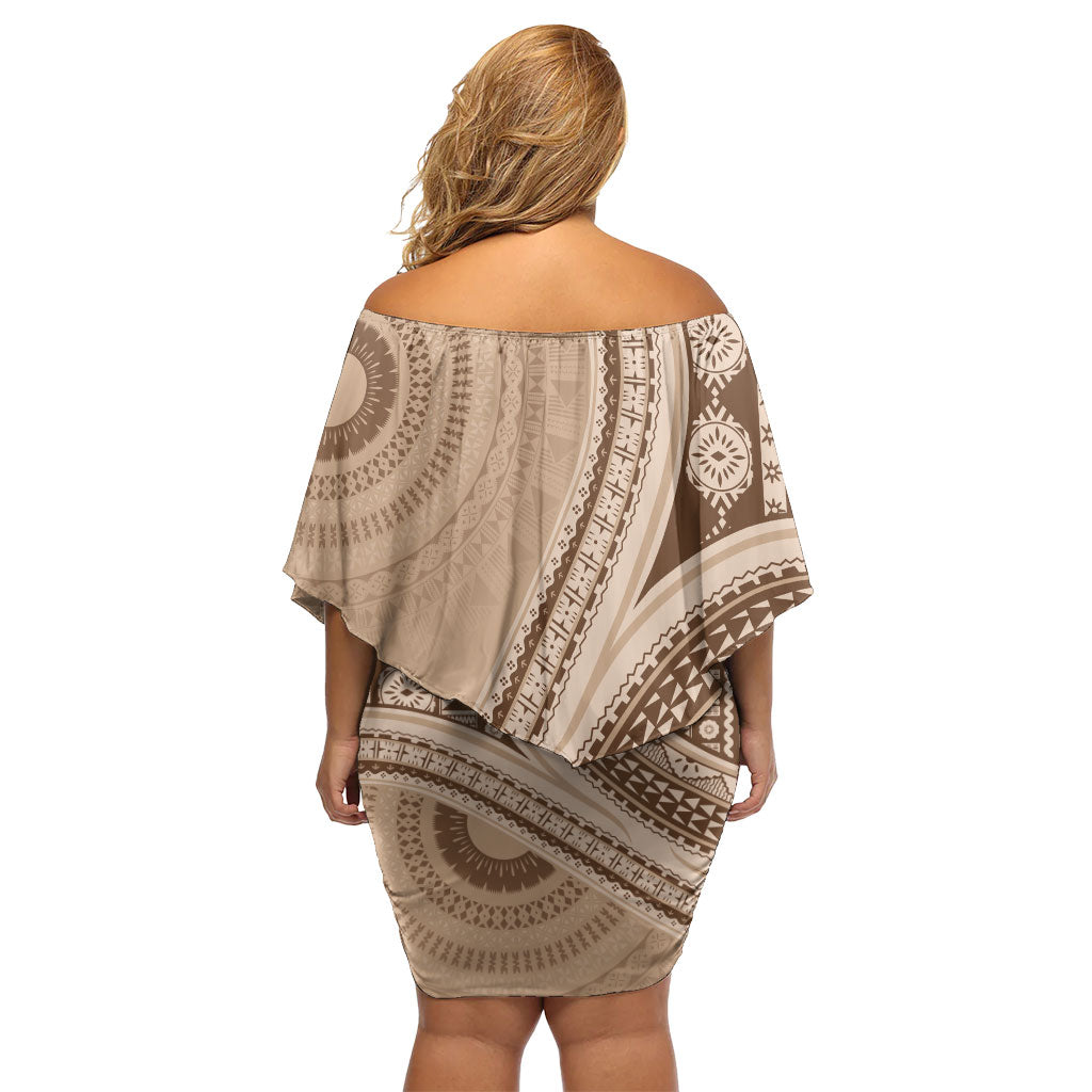 Bula Fiji Vintage Tapa Family Matching Off Shoulder Short Dress and Hawaiian Shirt Kaivity Masi Wave Motifs - Mocha LT7 - Polynesian Pride
