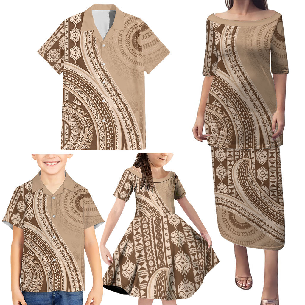 Bula Fiji Vintage Tapa Family Matching Puletasi and Hawaiian Shirt Kaivity Masi Wave Motifs - Mocha LT7 - Polynesian Pride