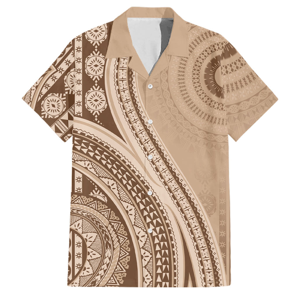 Bula Fiji Vintage Tapa Family Matching Puletasi and Hawaiian Shirt Kaivity Masi Wave Motifs - Mocha LT7 Dad's Shirt - Short Sleeve Beige - Polynesian Pride