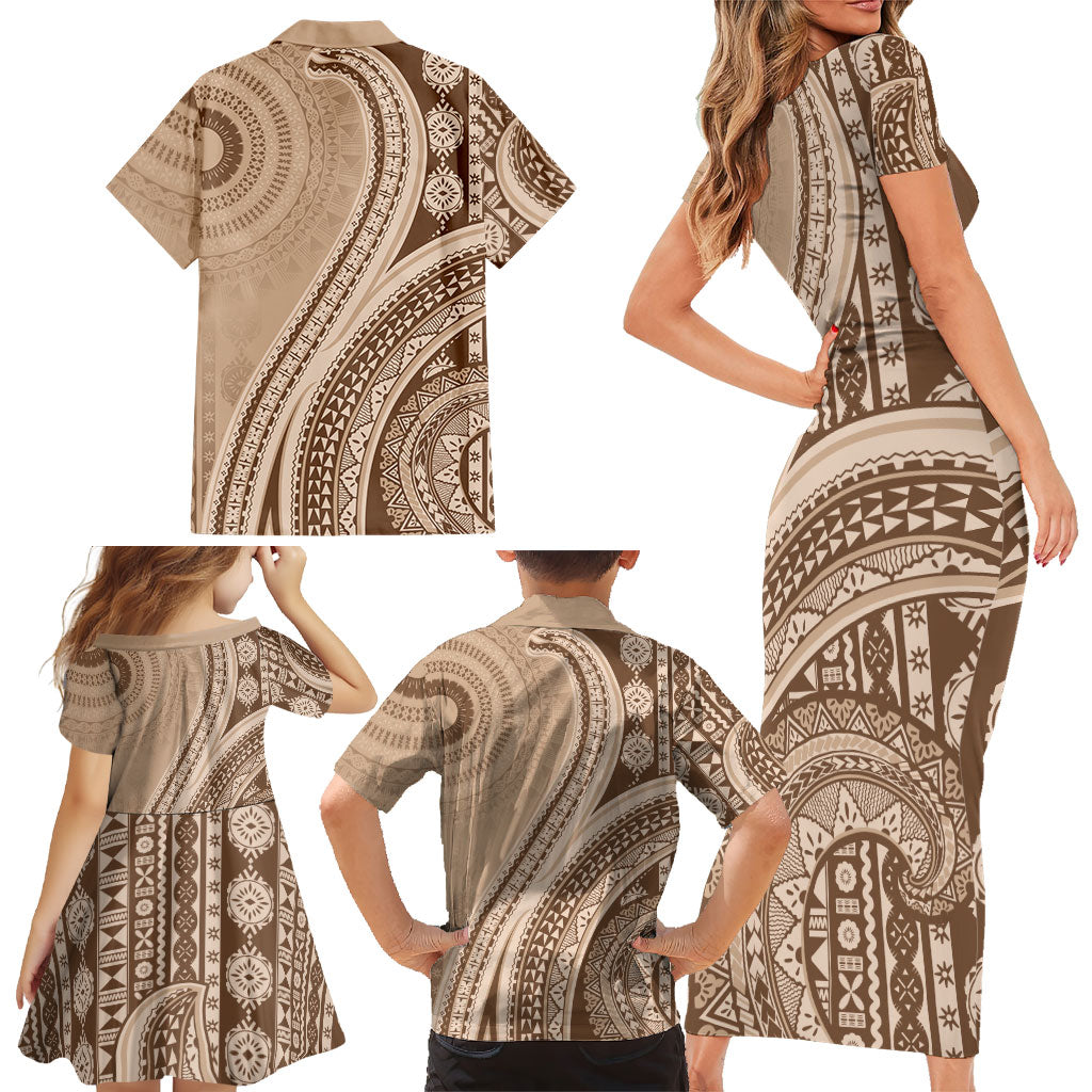 Bula Fiji Vintage Tapa Family Matching Short Sleeve Bodycon Dress and Hawaiian Shirt Kaivity Masi Wave Motifs - Mocha LT7 - Polynesian Pride