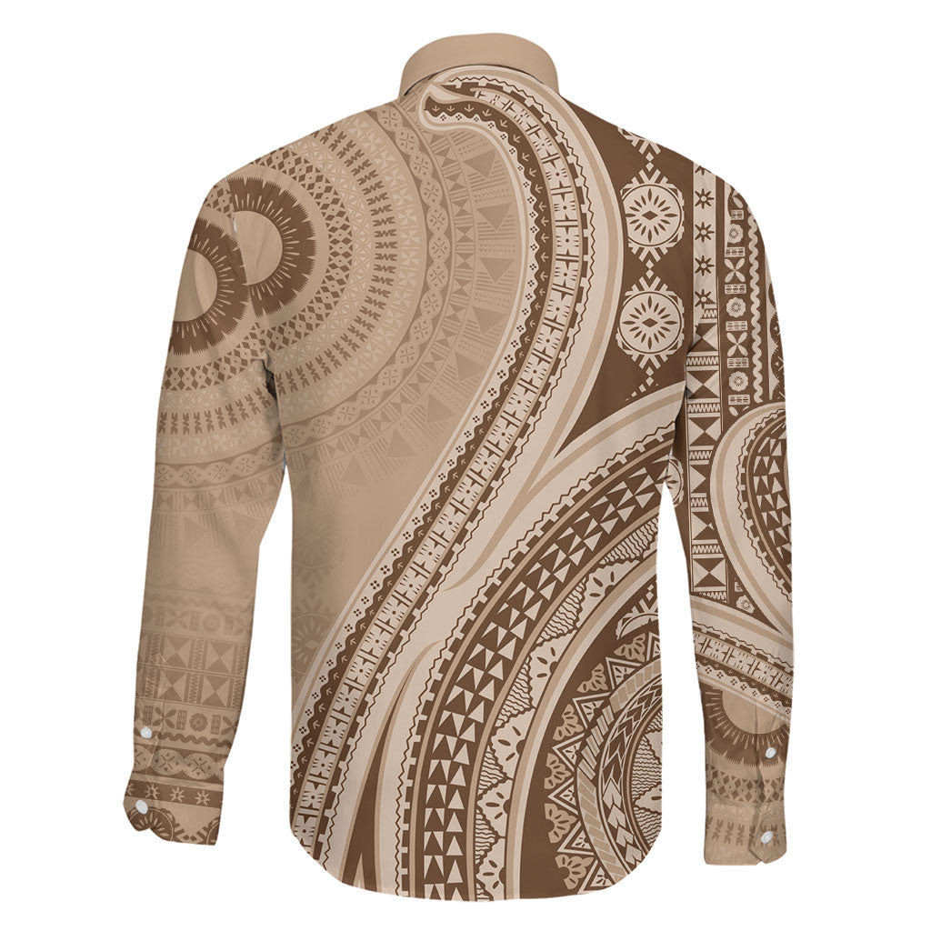 Bula Fiji Vintage Tapa Family Matching Short Sleeve Bodycon Dress and Hawaiian Shirt Kaivity Masi Wave Motifs - Mocha LT7 - Polynesian Pride