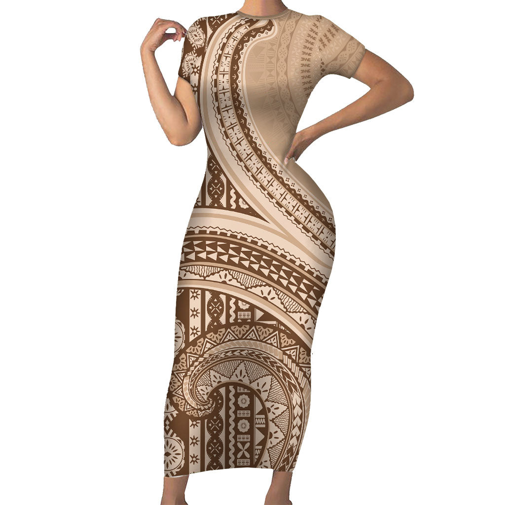 Bula Fiji Vintage Tapa Family Matching Short Sleeve Bodycon Dress and Hawaiian Shirt Kaivity Masi Wave Motifs - Mocha LT7 Mom's Dress Beige - Polynesian Pride