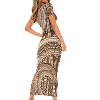 Bula Fiji Vintage Tapa Family Matching Short Sleeve Bodycon Dress and Hawaiian Shirt Kaivity Masi Wave Motifs - Mocha LT7 - Polynesian Pride