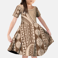 Bula Fiji Vintage Tapa Family Matching Summer Maxi Dress and Hawaiian Shirt Kaivity Masi Wave Motifs - Mocha LT7 Daughter's Dress Beige - Polynesian Pride
