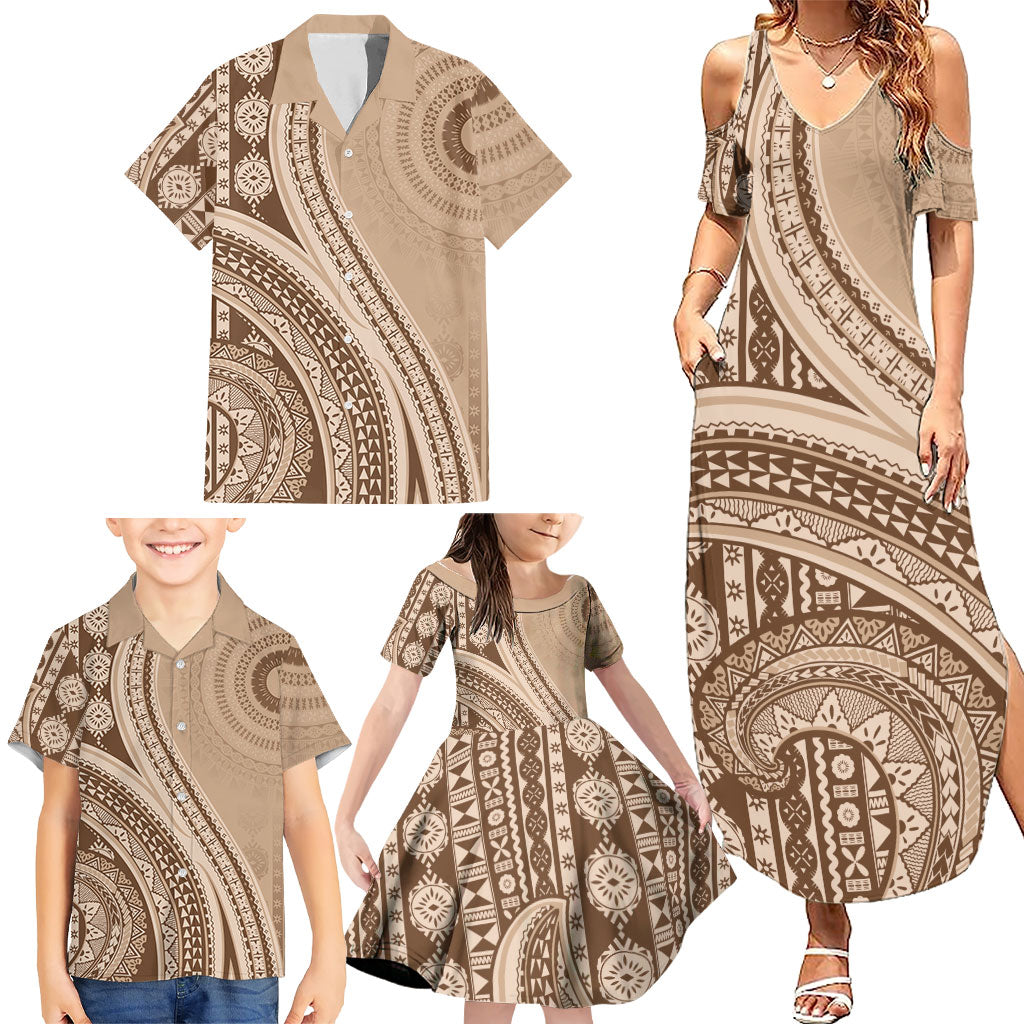 Bula Fiji Vintage Tapa Family Matching Summer Maxi Dress and Hawaiian Shirt Kaivity Masi Wave Motifs - Mocha LT7 - Polynesian Pride