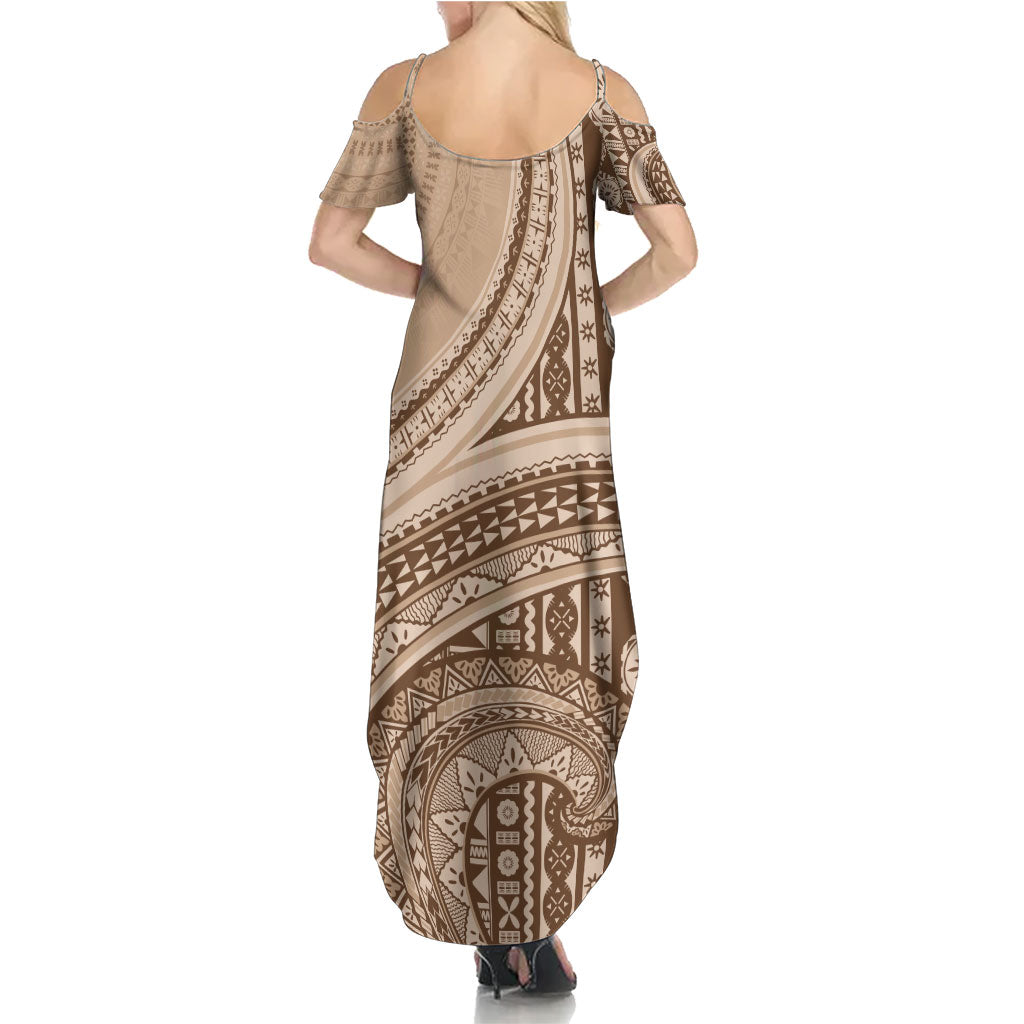 Bula Fiji Vintage Tapa Family Matching Summer Maxi Dress and Hawaiian Shirt Kaivity Masi Wave Motifs - Mocha LT7 - Polynesian Pride