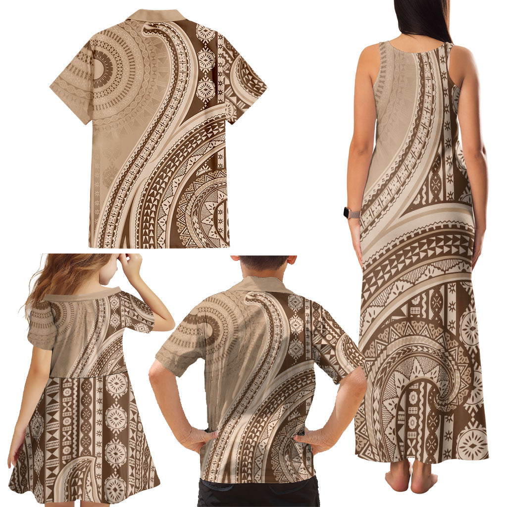 Bula Fiji Vintage Tapa Family Matching Tank Maxi Dress and Hawaiian Shirt Kaivity Masi Wave Motifs - Mocha LT7 - Polynesian Pride
