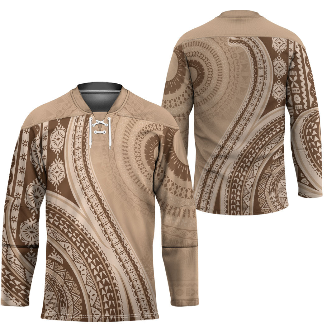 Bula Fiji Vintage Tapa Hockey Jersey Kaivity Masi Wave Motifs - Mocha
