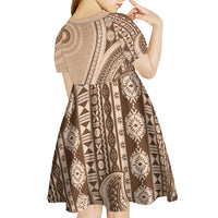 Bula Fiji Vintage Tapa Kid Short Sleeve Dress Kaivity Masi Wave Motifs - Mocha LT7 - Polynesian Pride