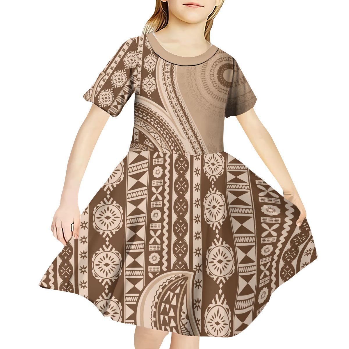 Bula Fiji Vintage Tapa Kid Short Sleeve Dress Kaivity Masi Wave Motifs - Mocha LT7 - Polynesian Pride