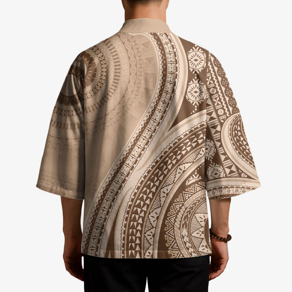 Bula Fiji Vintage Tapa Kimono Kaivity Masi Wave Motifs - Mocha