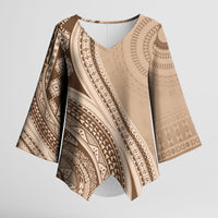 Bula Fiji Vintage Tapa Kimono Sleeve Blouse Kaivity Masi Wave Motifs - Mocha