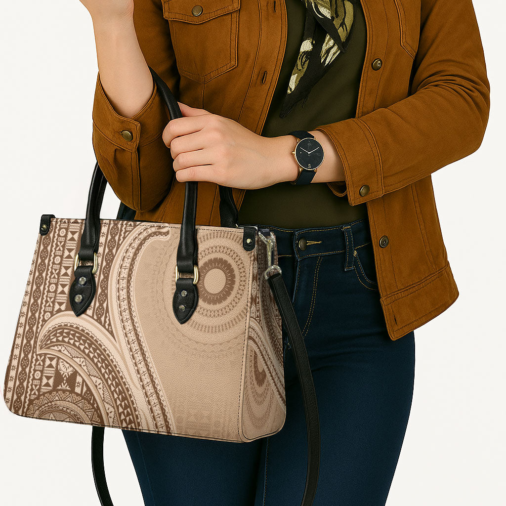 Bula Fiji Vintage Tapa Leather Bag Kaivity Masi Wave Motifs - Mocha