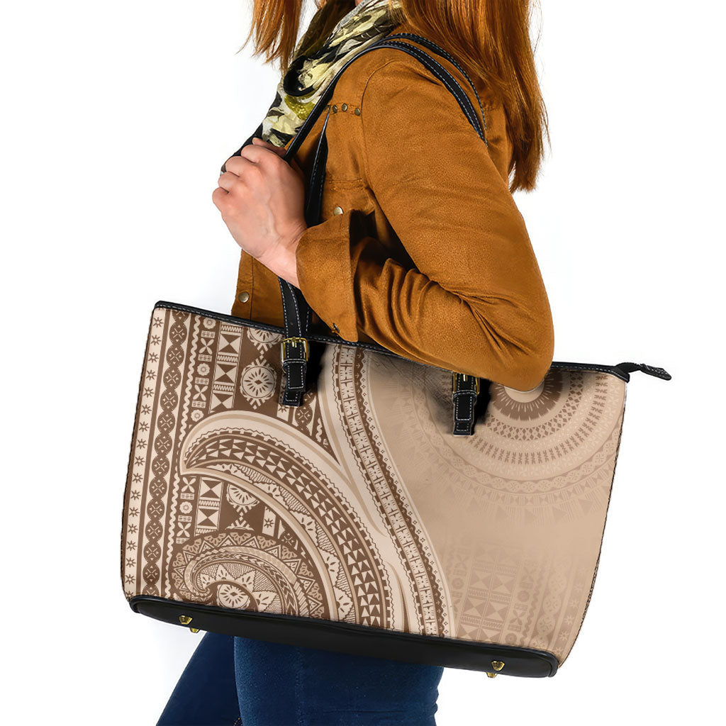 Bula Fiji Vintage Tapa Leather Tote Bag Kaivity Masi Wave Motifs - Mocha