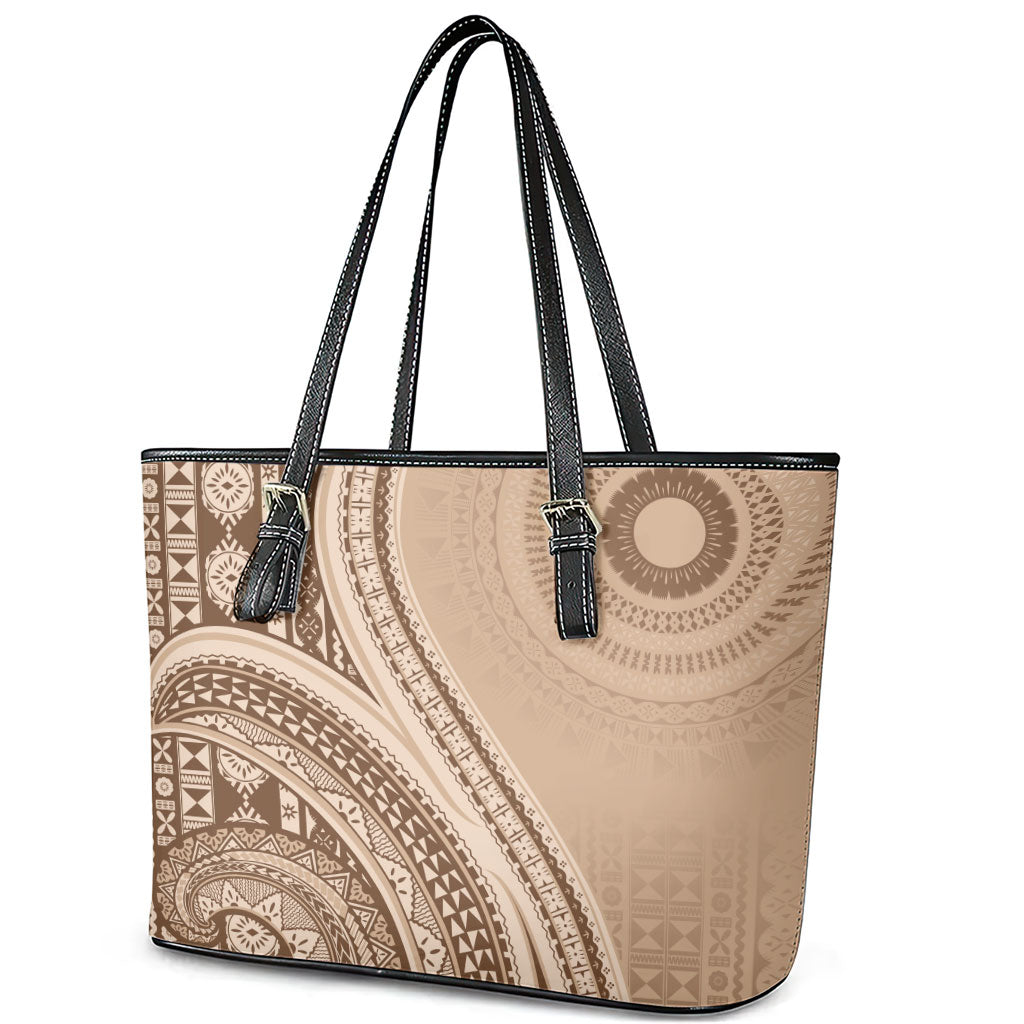 Bula Fiji Vintage Tapa Leather Tote Bag Kaivity Masi Wave Motifs - Mocha LT7 - Polynesian Pride