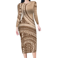 Bula Fiji Vintage Tapa Long Sleeve Bodycon Dress Kaivity Masi Wave Motifs - Mocha LT7 Long Dress Beige - Polynesian Pride
