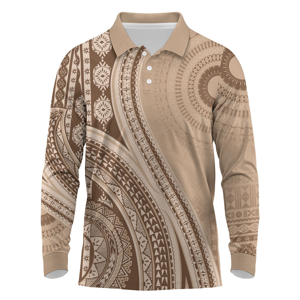 Bula Fiji Vintage Tapa Long Sleeve Polo Shirt Kaivity Masi Wave Motifs - Mocha LT7 Beige - Polynesian Pride