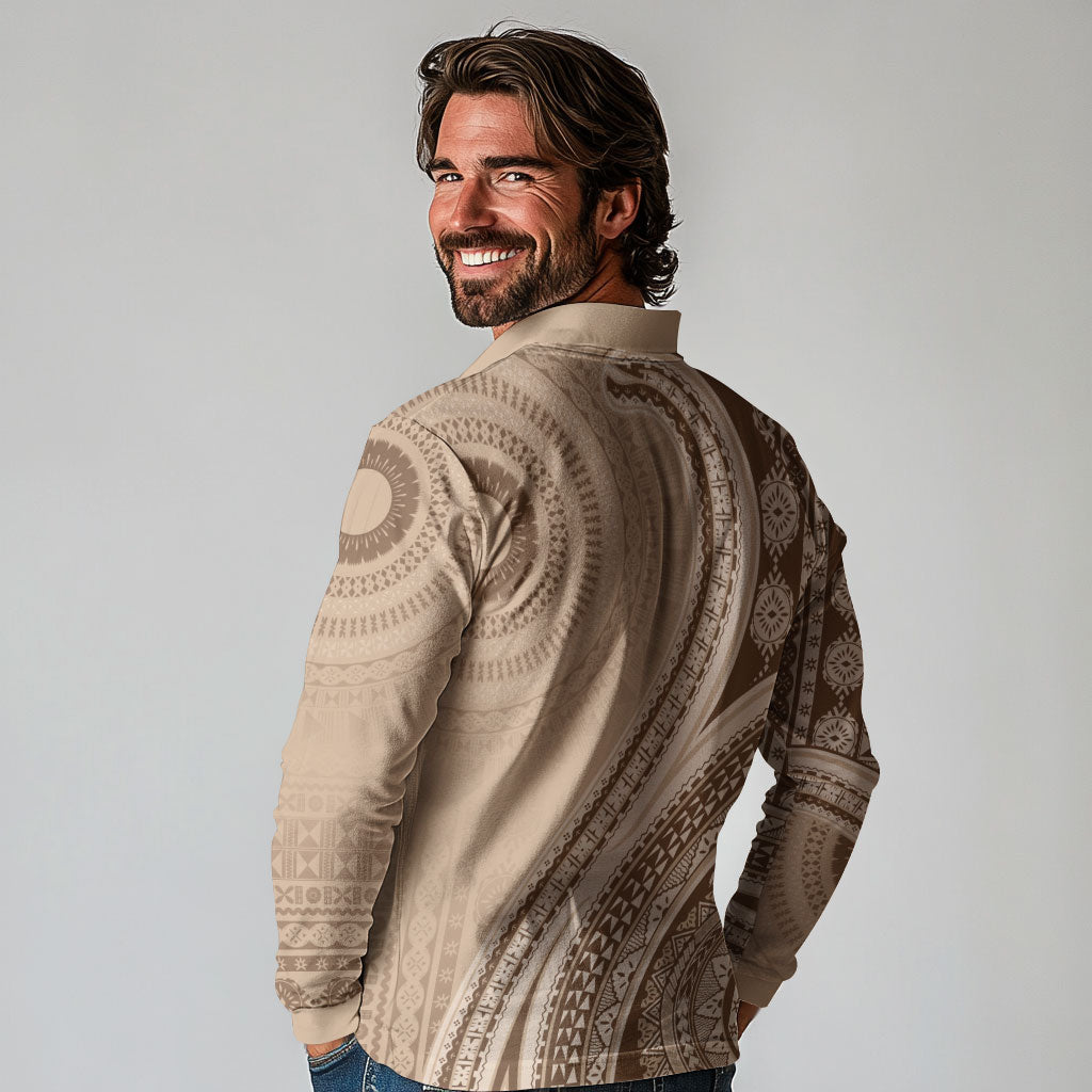 Bula Fiji Vintage Tapa Long Sleeve Polo Shirt Kaivity Masi Wave Motifs - Mocha LT7 - Polynesian Pride