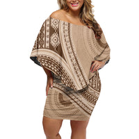 Bula Fiji Vintage Tapa Off Shoulder Short Dress Kaivity Masi Wave Motifs - Mocha