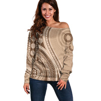 Bula Fiji Vintage Tapa Off Shoulder Sweater Kaivity Masi Wave Motifs - Mocha