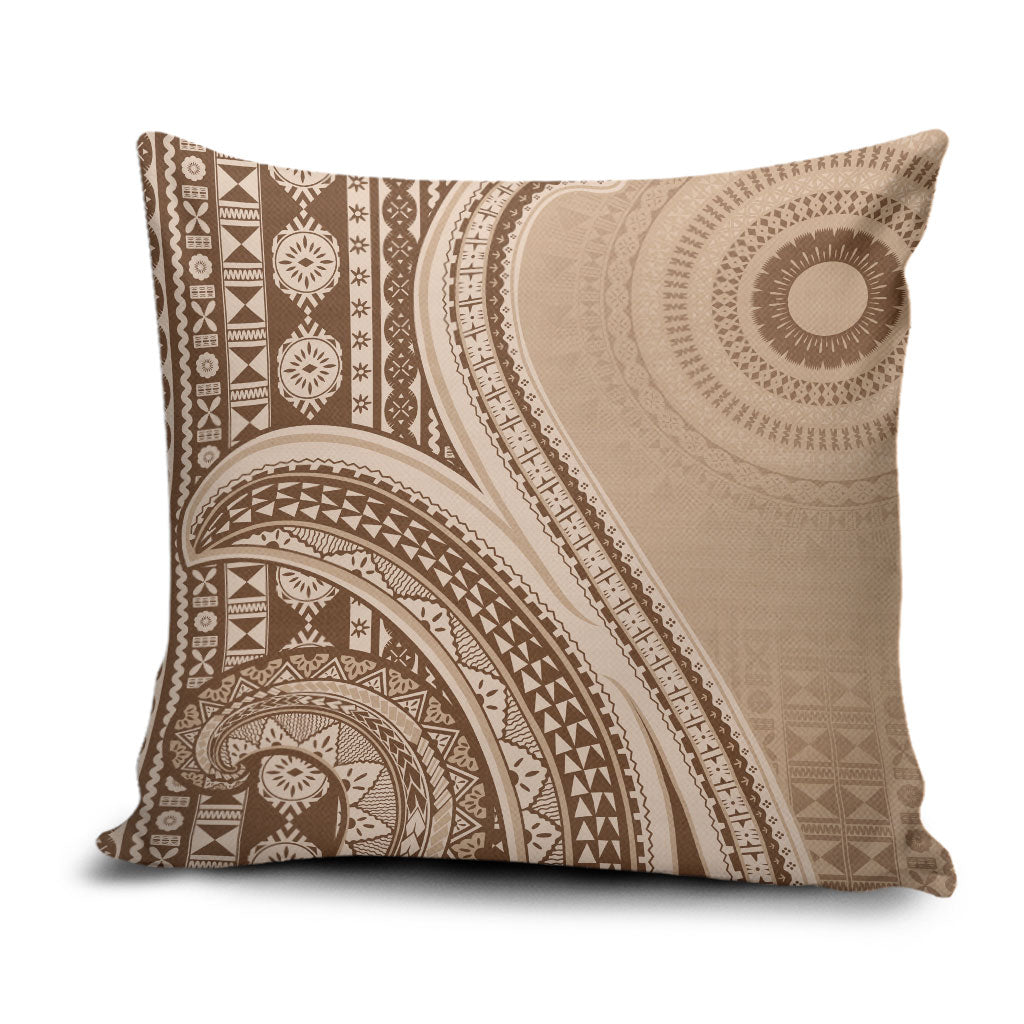 Bula Fiji Vintage Tapa Pillow Cover Kaivity Masi Wave Motifs - Mocha LT7 Beige - Polynesian Pride
