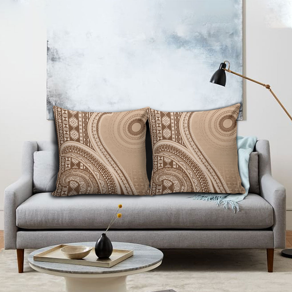 Bula Fiji Vintage Tapa Pillow Cover Kaivity Masi Wave Motifs - Mocha LT7 - Polynesian Pride