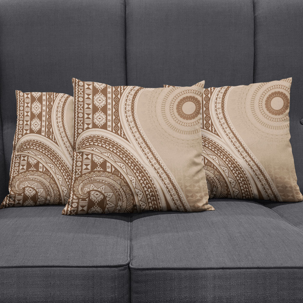 Bula Fiji Vintage Tapa Pillow Cover Kaivity Masi Wave Motifs - Mocha LT7 - Polynesian Pride