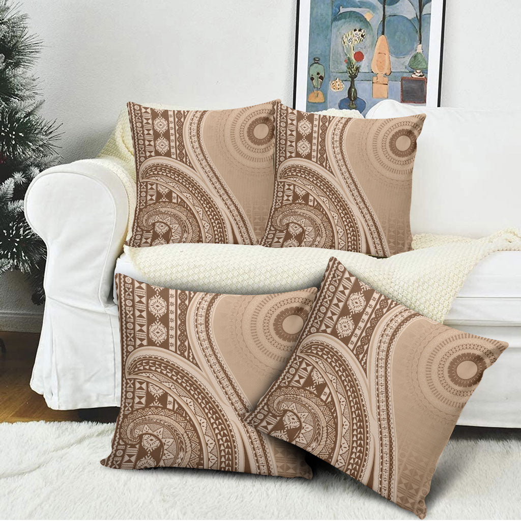 Bula Fiji Vintage Tapa Pillow Cover Kaivity Masi Wave Motifs - Mocha LT7 - Polynesian Pride
