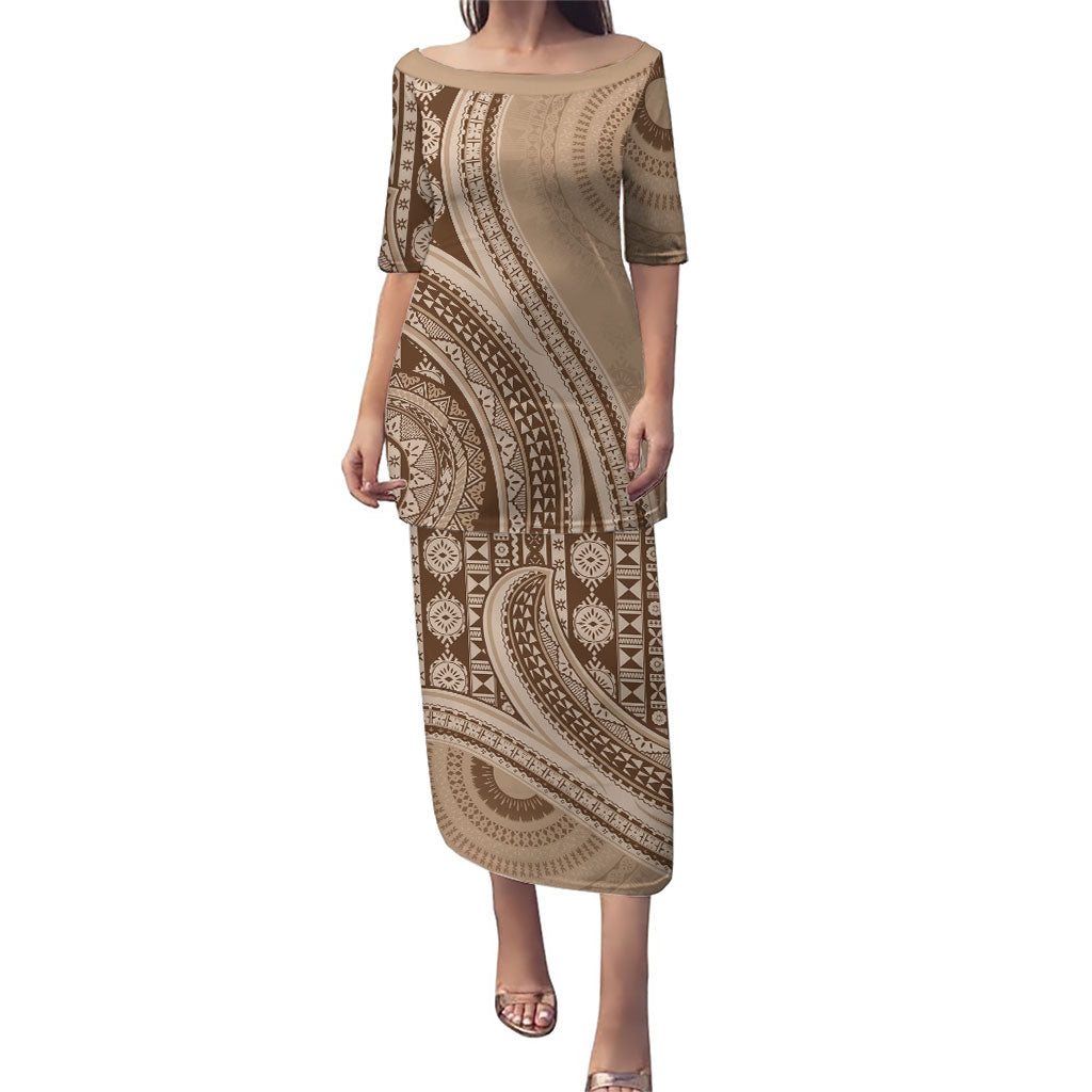 Bula Fiji Vintage Tapa Puletasi Kaivity Masi Wave Motifs - Mocha LT7 Long Dress Beige - Polynesian Pride