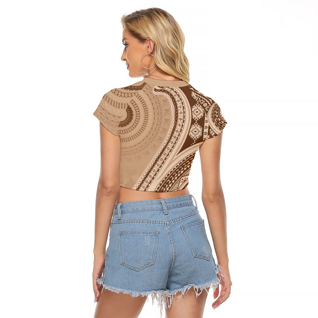 Bula Fiji Vintage Tapa Raglan Cropped T Shirt Kaivity Masi Wave Motifs - Mocha
