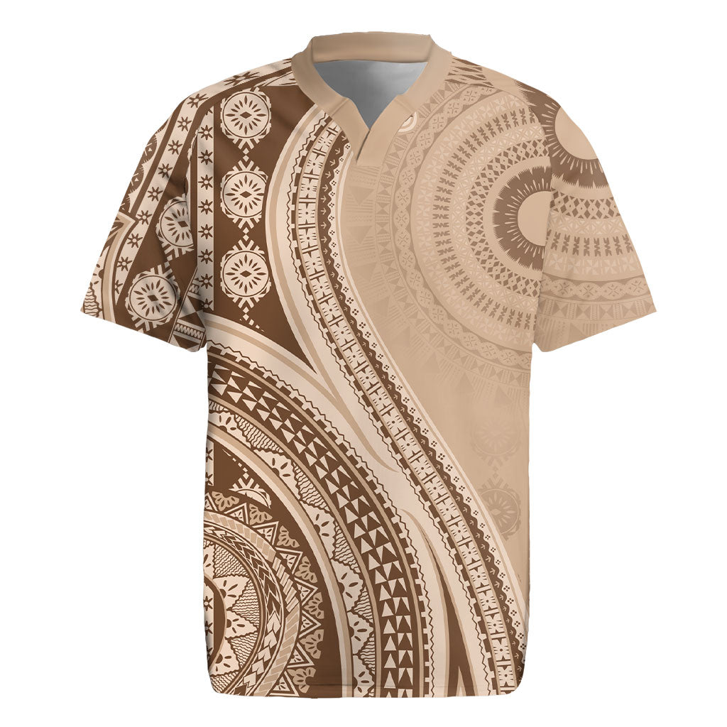 Bula Fiji Vintage Tapa Rugby Jersey Kaivity Masi Wave Motifs - Mocha