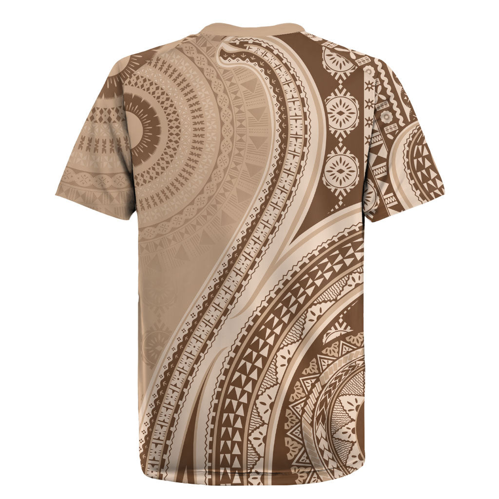 Bula Fiji Vintage Tapa Rugby Jersey Kaivity Masi Wave Motifs - Mocha