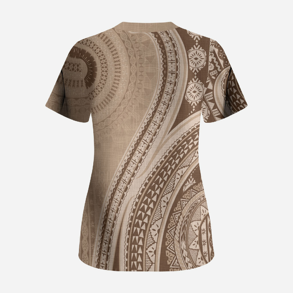 Bula Fiji Vintage Tapa Scrub Top Kaivity Masi Wave Motifs - Mocha