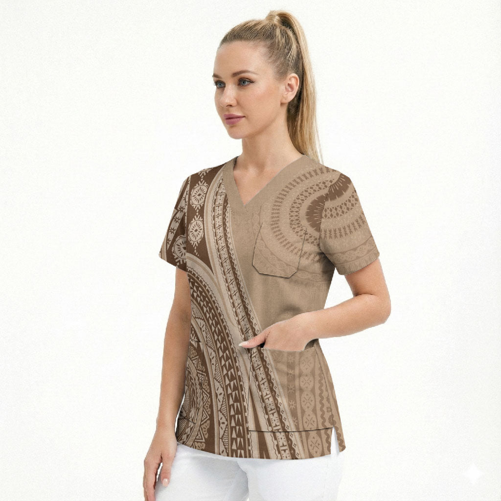 Bula Fiji Vintage Tapa Scrub Top Kaivity Masi Wave Motifs - Mocha