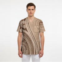 Bula Fiji Vintage Tapa Scrub Top Kaivity Masi Wave Motifs - Mocha