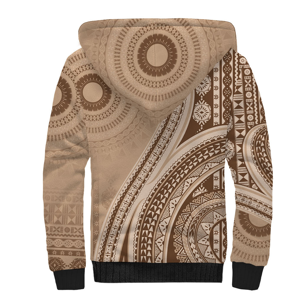 Bula Fiji Vintage Tapa Sherpa Hoodie Kaivity Masi Wave Motifs - Mocha LT7 - Polynesian Pride