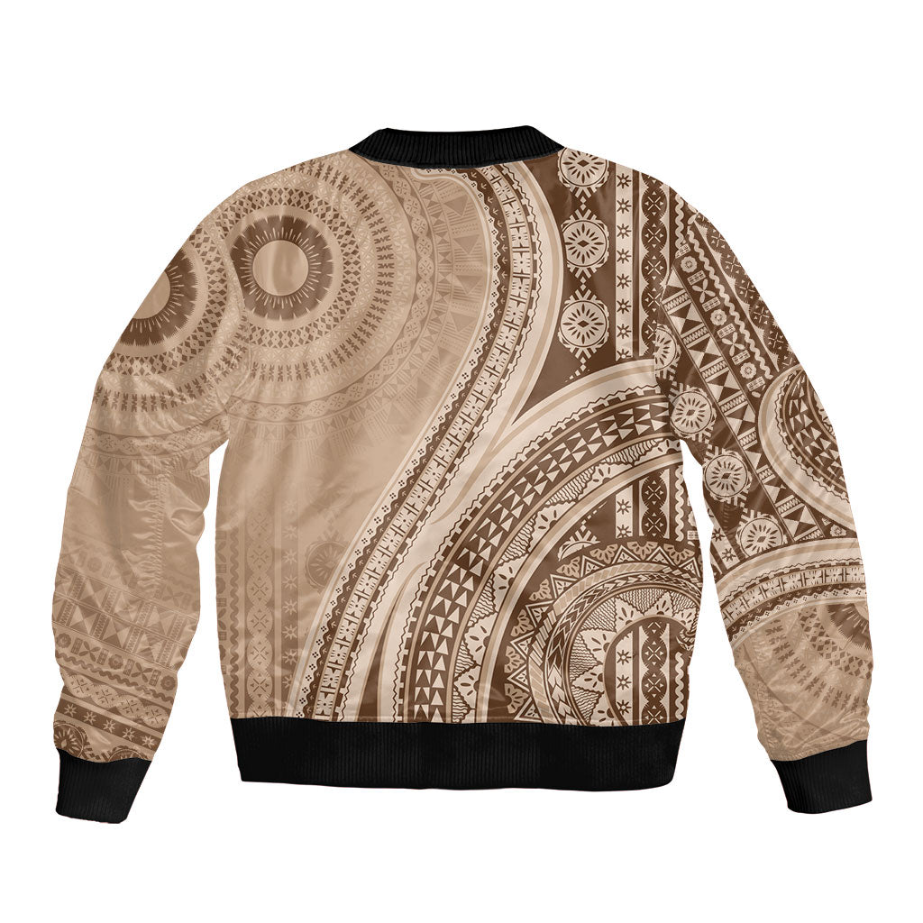 Bula Fiji Vintage Tapa Sleeve Zip Bomber Jacket Kaivity Masi Wave Motifs - Mocha
