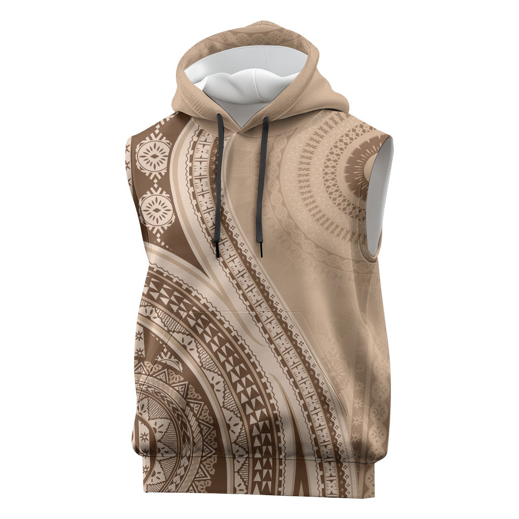 Bula Fiji Vintage Tapa Sleeveless Hoodie Kaivity Masi Wave Motifs - Mocha LT7 Beige - Polynesian Pride