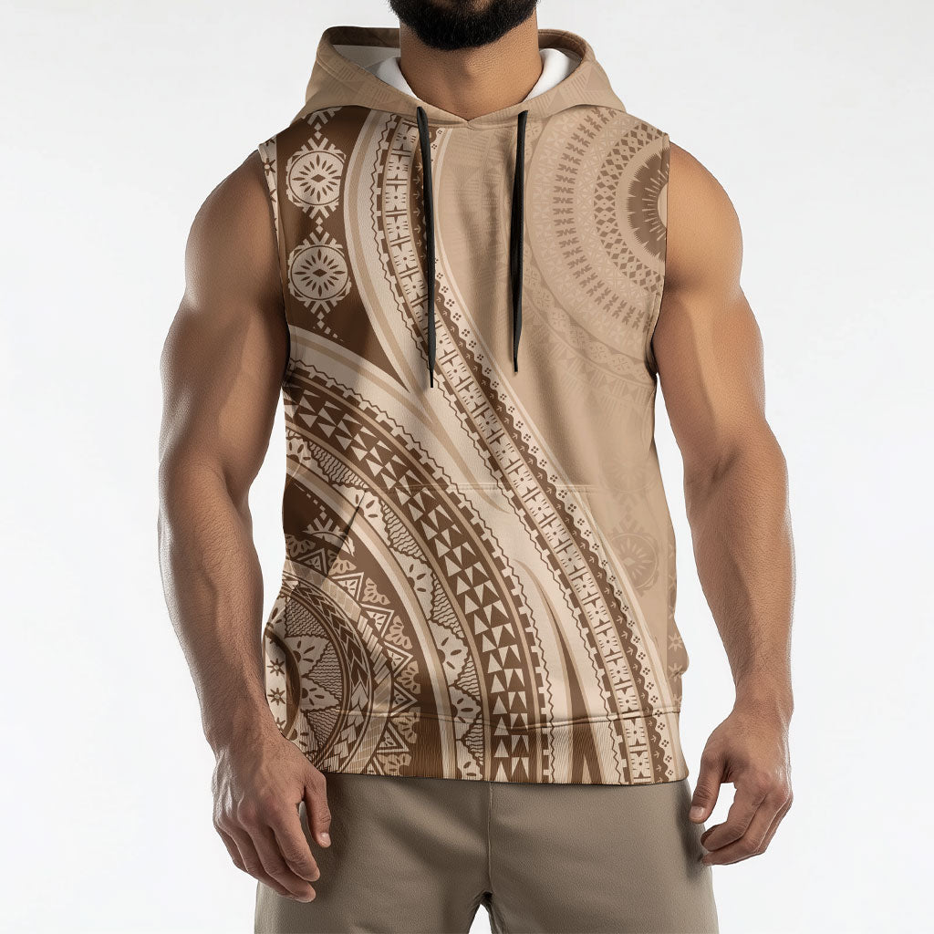 Bula Fiji Vintage Tapa Sleeveless Hoodie Kaivity Masi Wave Motifs - Mocha LT7 - Polynesian Pride