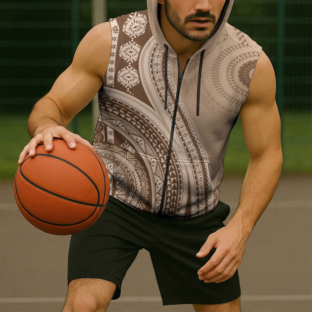 Bula Fiji Vintage Tapa Sleeveless Zip Hoodie Kaivity Masi Wave Motifs - Mocha LT7 - Polynesian Pride