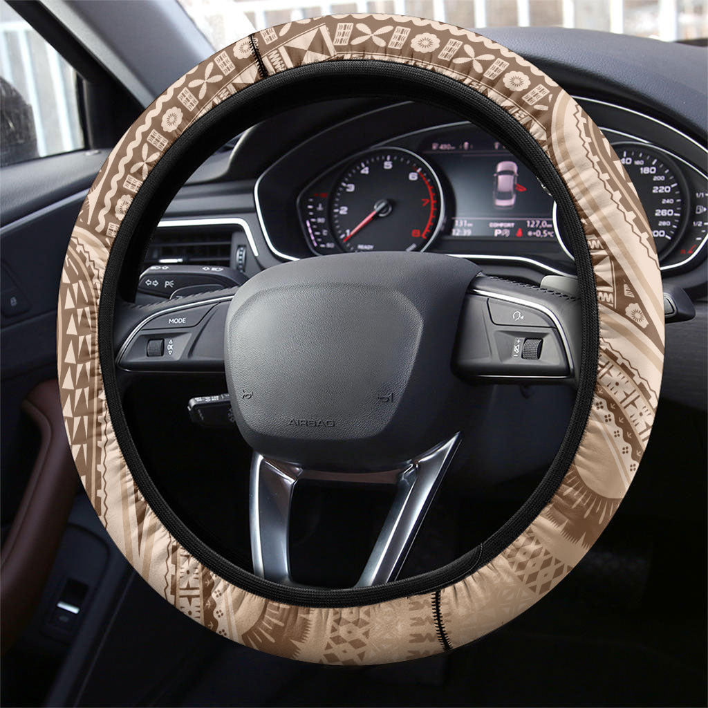 Bula Fiji Vintage Tapa Steering Wheel Cover Kaivity Masi Wave Motifs - Mocha