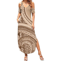 Bula Fiji Vintage Tapa Summer Maxi Dress Kaivity Masi Wave Motifs - Mocha