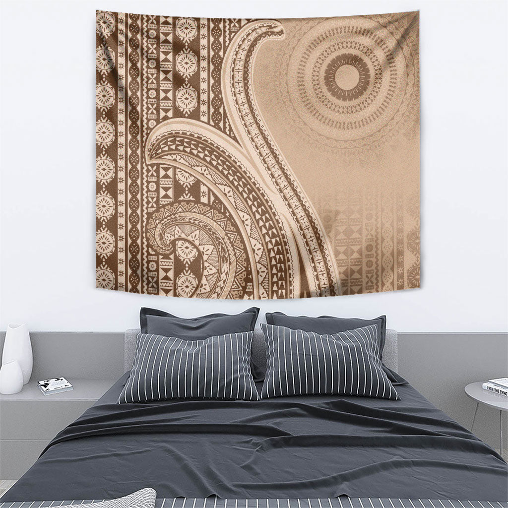 Bula Fiji Vintage Tapa Tapestry Kaivity Masi Wave Motifs - Mocha