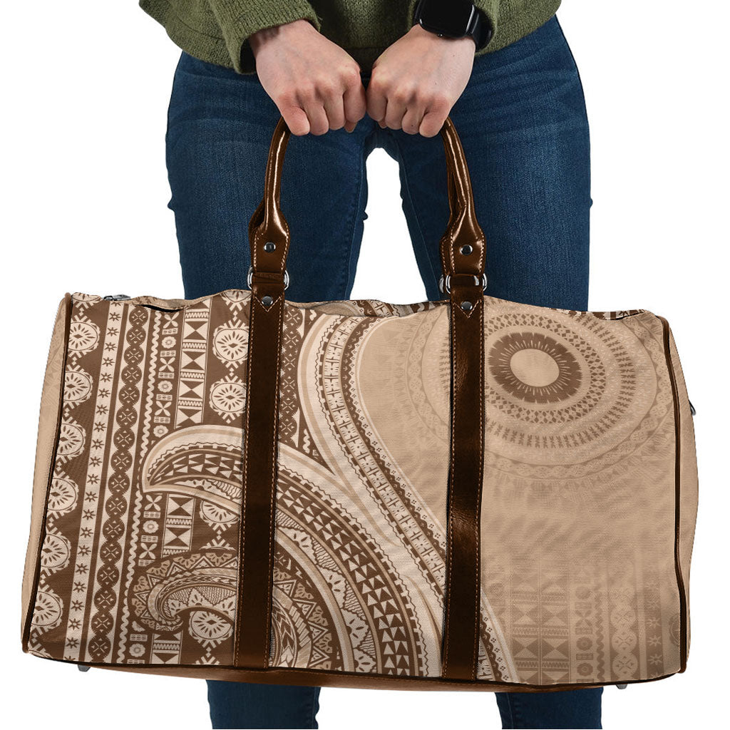 Bula Fiji Vintage Tapa Travel Bag Kaivity Masi Wave Motifs - Mocha