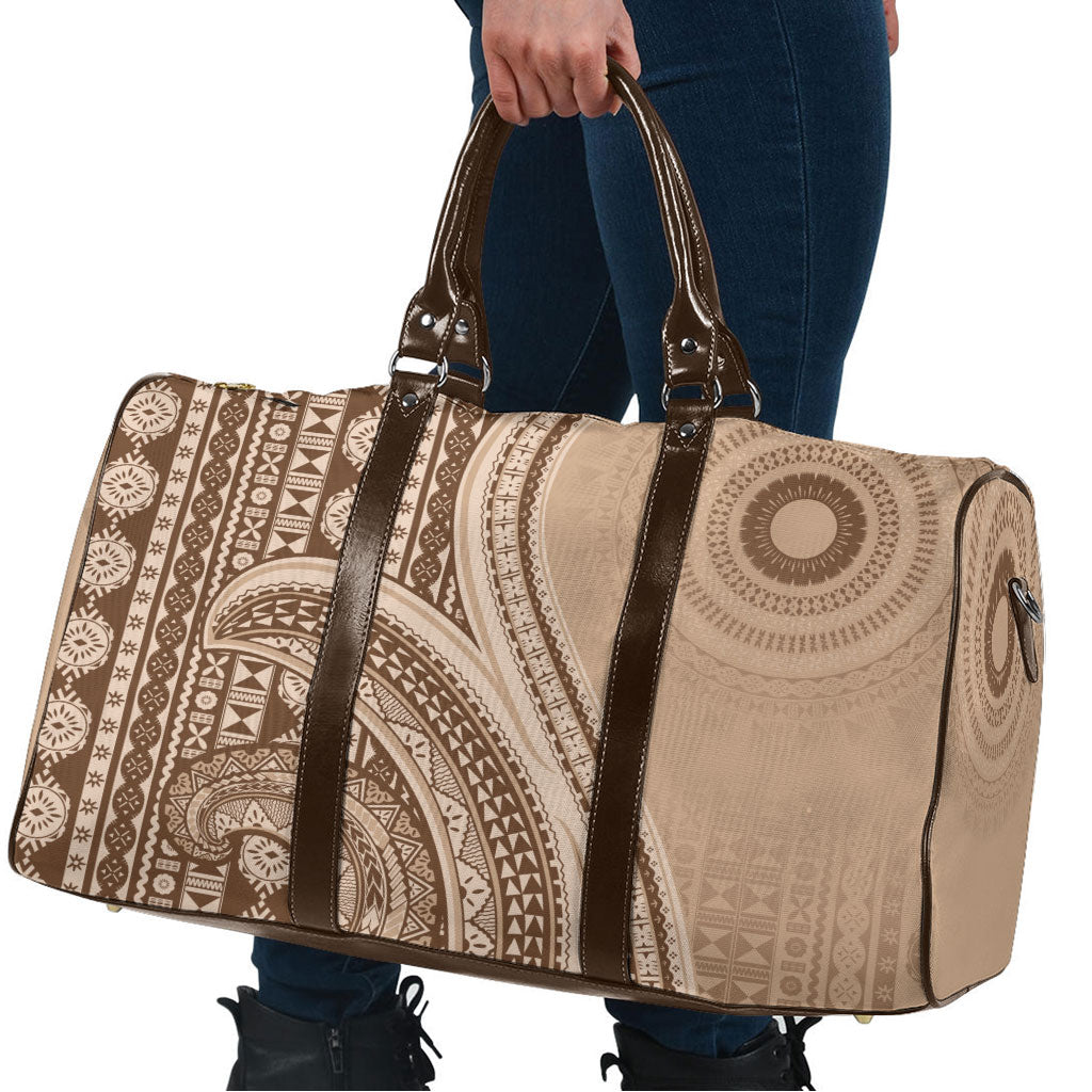 Bula Fiji Vintage Tapa Travel Bag Kaivity Masi Wave Motifs - Mocha