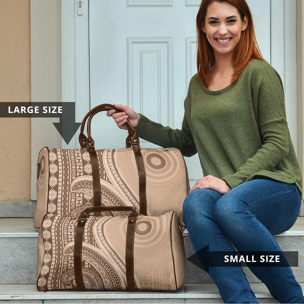 Bula Fiji Vintage Tapa Travel Bag Kaivity Masi Wave Motifs - Mocha