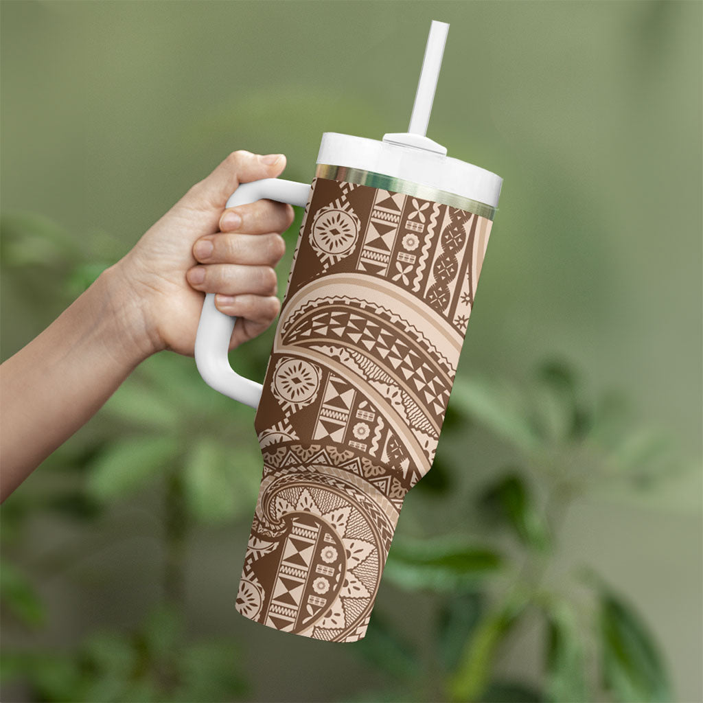 Bula Fiji Vintage Tapa Tumbler With Handle Kaivity Masi Wave Motifs - Mocha LT7 - Polynesian Pride
