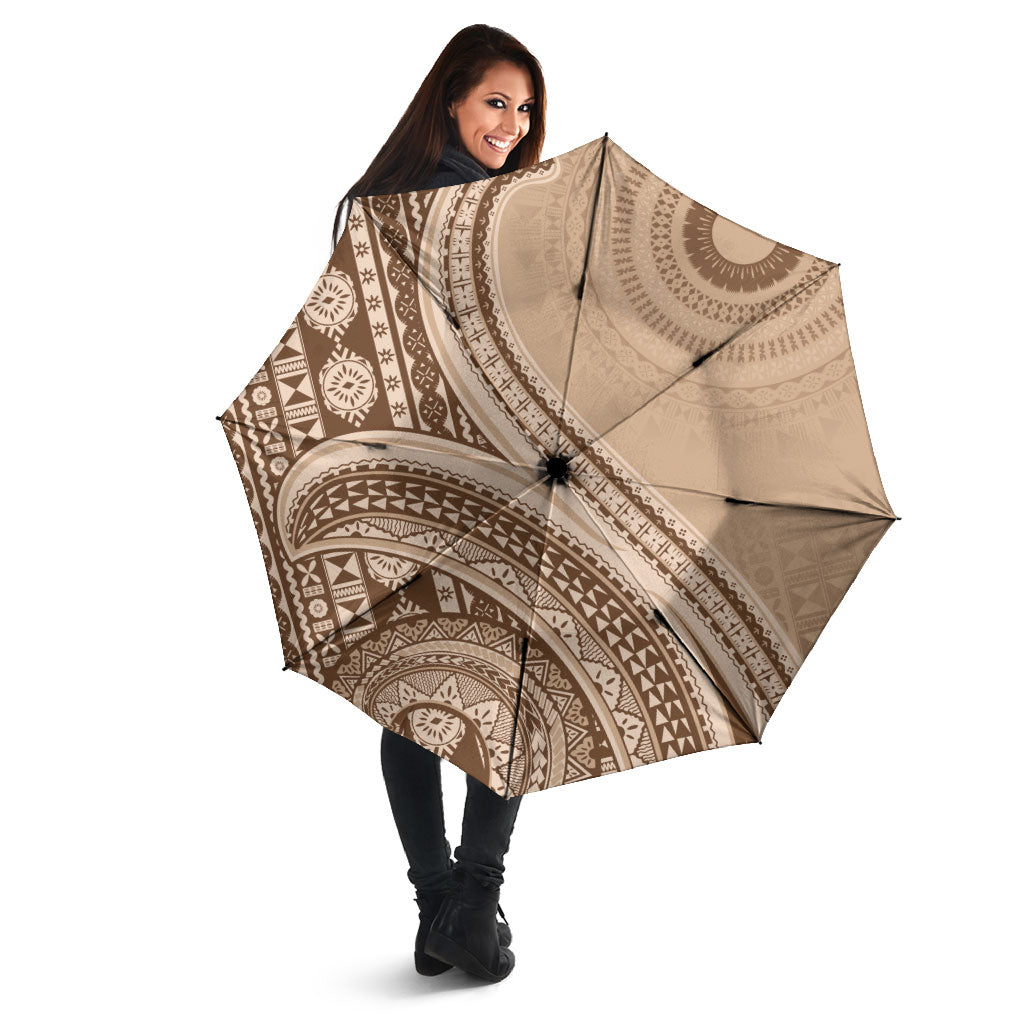 Bula Fiji Vintage Tapa Umbrella Kaivity Masi Wave Motifs - Mocha